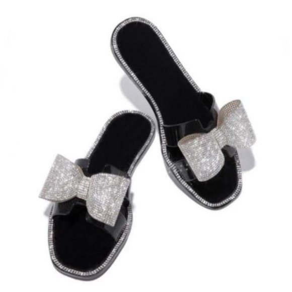 Embellished Bow Jelly Sandals in Black - Picture 2 of 9